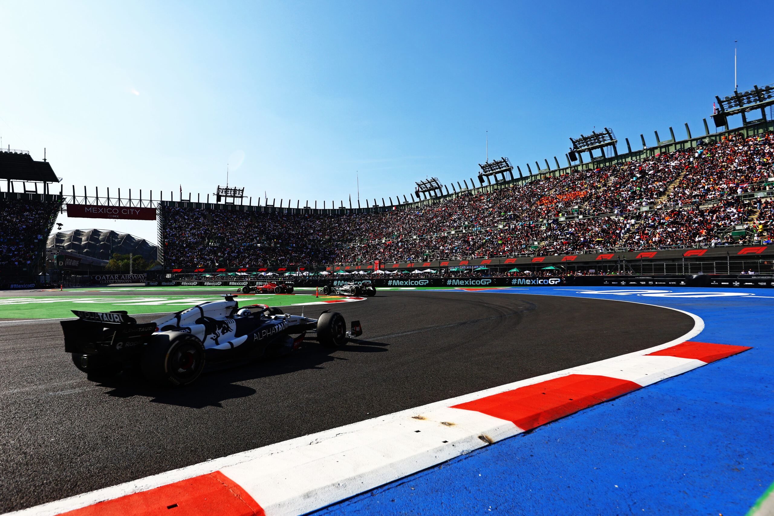 Daniel Ricciardo's AlphaTauri driving at the Mexican Grand Prix in the stadium section