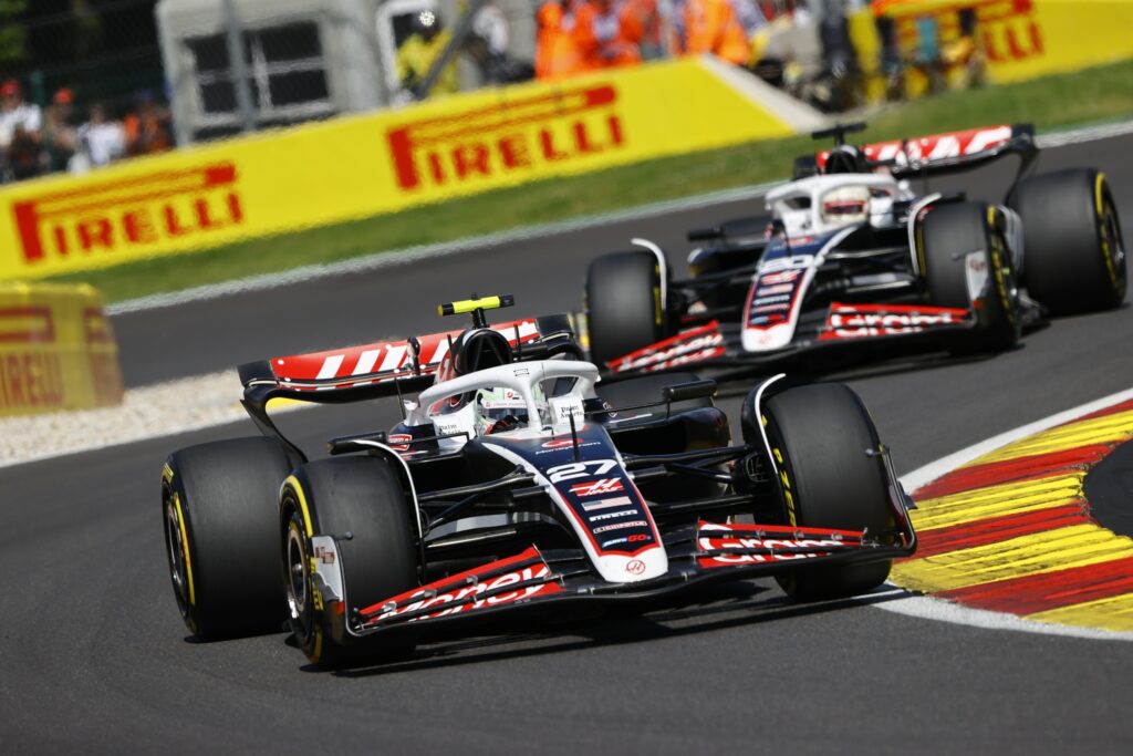 Haas F1 cars on track at Spa. 