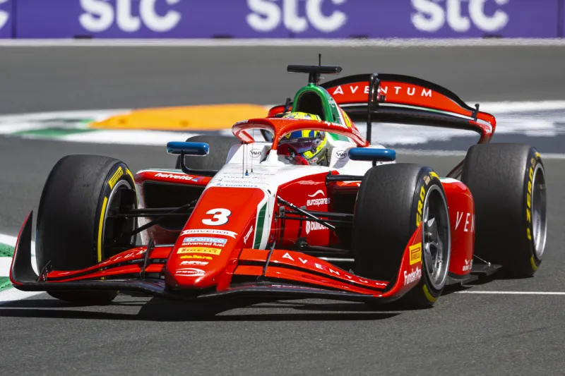 Ollie Bearman driving his FIA F2 car at Jeddah