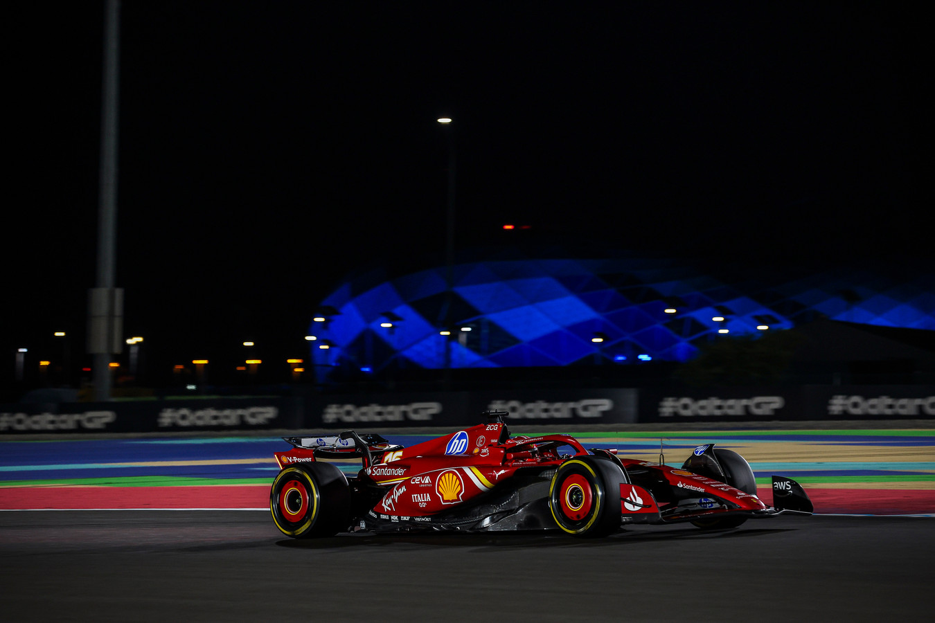 A picture of Charles Leclerc's SF-24 going around the Lusail Circuit