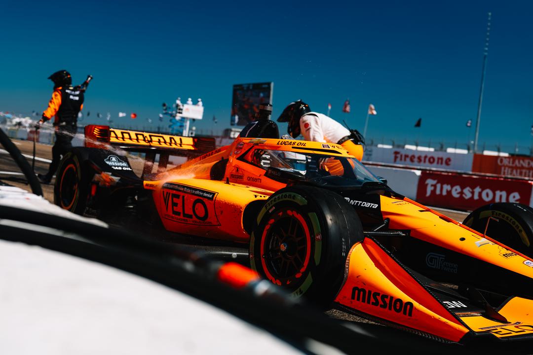 Christian Lundgaard's orange and black Arrow McLaren at St. Petersburg in the IndyCar series.