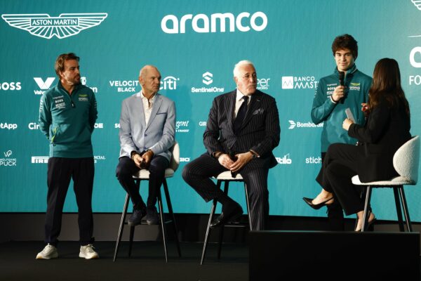 Portrait, Aston Martin HQ Silverstone, F12416a, F1, GP, Great Britain Fernando Alonso, Aston Martin F1 Team, Adrian Newey, Lawrence Stroll, Owner, Aston Martin F1 Team, and Lance Stroll, Aston Martin F1 Team, on stage