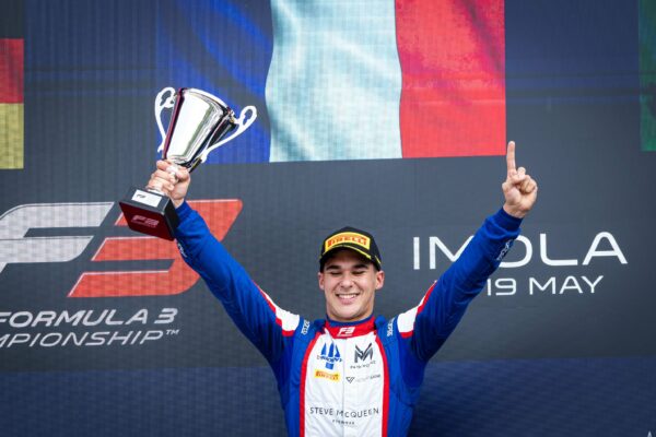 Trident's Sami Meguetounif celebrates his first win of the 2024 FIA F3 season.