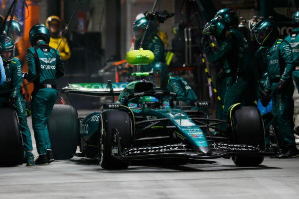 Fernando Alonso leaves the pits at the 2024 F1 Las Vegas GP