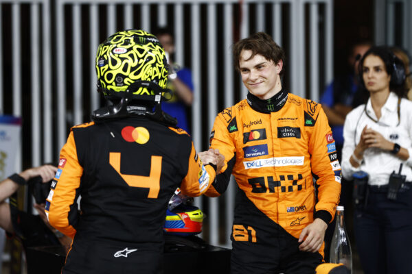 Lando Norris congratulated by Oscar Piastri, McLaren F1 Team, in Parc Ferme