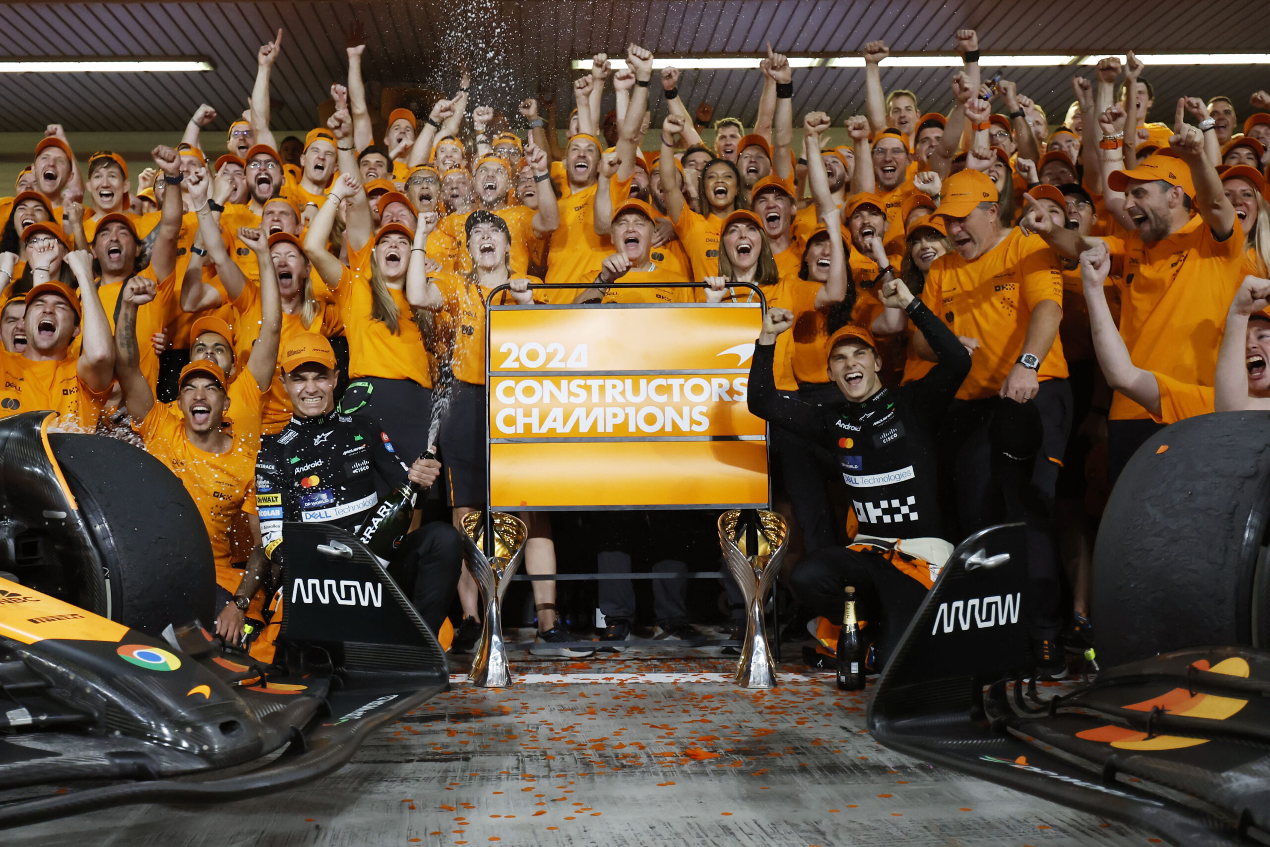 Lando Norris, McLaren F1 Team, 1st position, Oscar Piastri, McLaren F1 Team, and the McLaren team celebrate after securing the Constructors Championship title