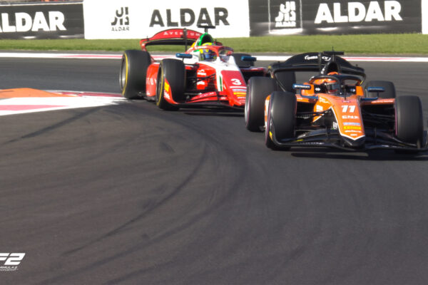 MP Motorsport's Richard Verschoor leads PREMA Racing's Oliver Bearman around the Yas Marina Circuit. Verschoor subsequently finished the 2024 Abu Dhabi F2 Feature Race P3.