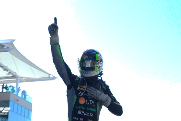 AIX Racing's Joshua Dürksen celebrates after winning the F2 Feature Race at the 2024 Abu Dhabi GP.