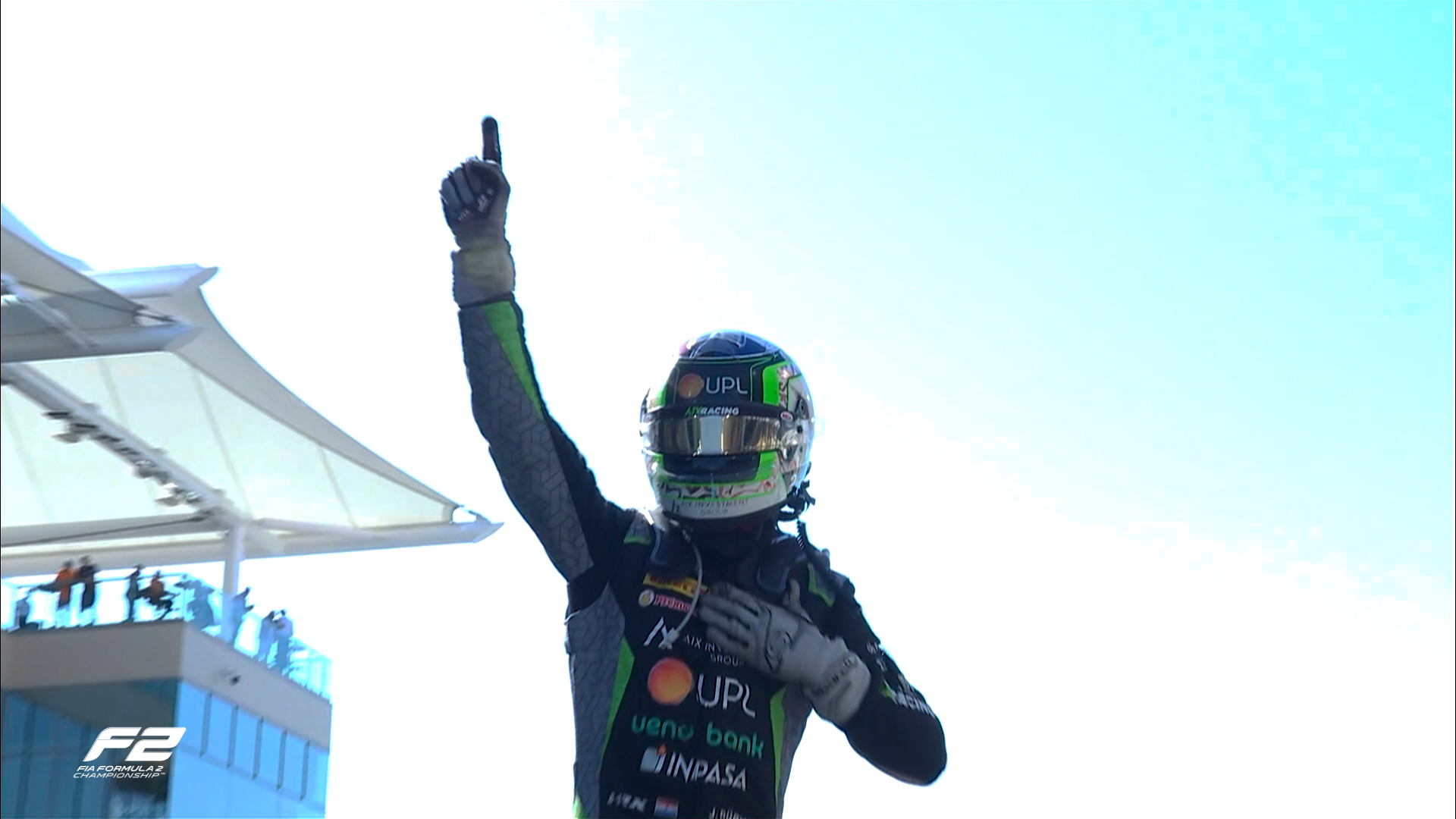 AIX Racing's Joshua Dürksen celebrates after winning the F2 Feature Race at the 2024 Abu Dhabi GP.