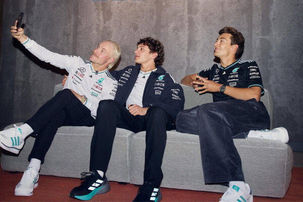 Valtteri Bottas, Kimi Antonelli and George Russell attend the launch of Mercedes F1 team's partnership with Adidas