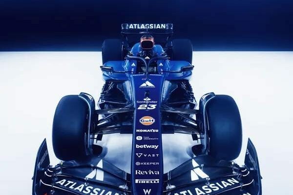 Williams unveils FW47 livery at 2025 F1 75 Season Launch Event. Their drivers are Alex Albon and Carlos Sainz.