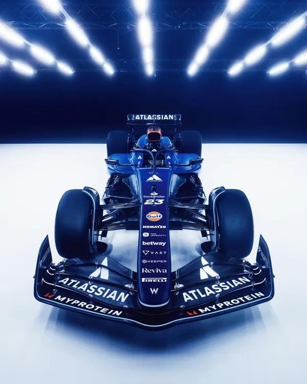 Williams unveils FW47 livery at 2025 F1 75 Season Launch Event. Their drivers are Alex Albon and Carlos Sainz.