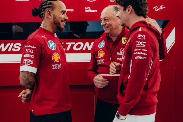 Fred Vasseur, Lewis Hamilton and Charles Leclerc in Scuderia Ferrari HP garrage