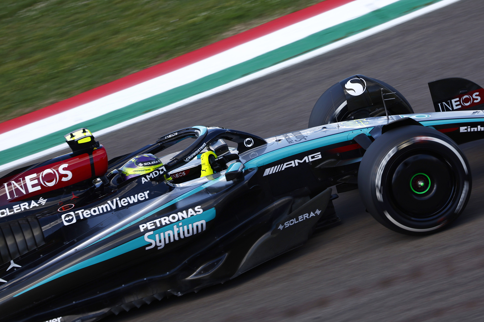 Lewis Hamilton driving his Mercedes at Imola