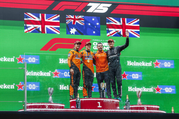 Mercdes George Russell celebrates his second podium of 2025