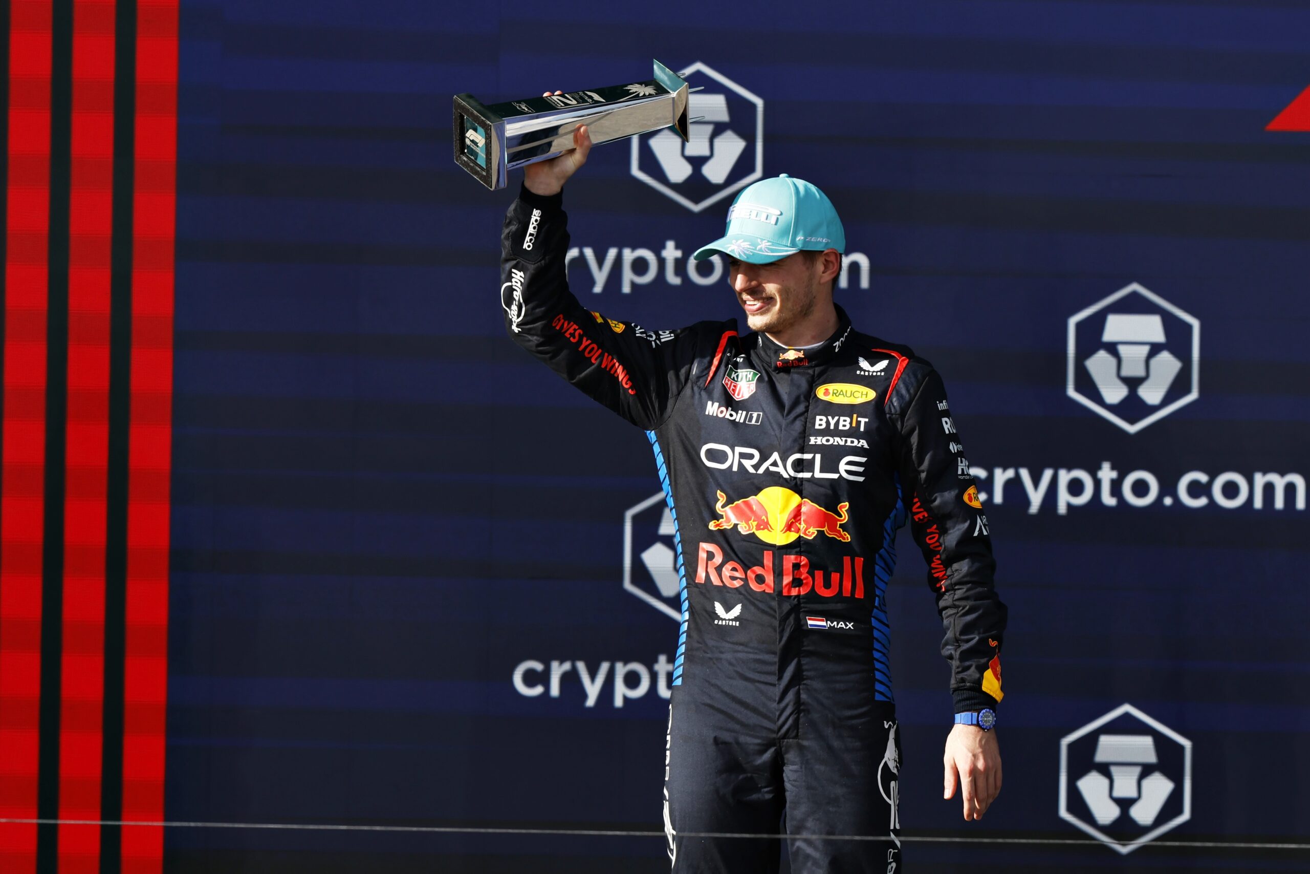 Max Verstappen on the podium in Miami