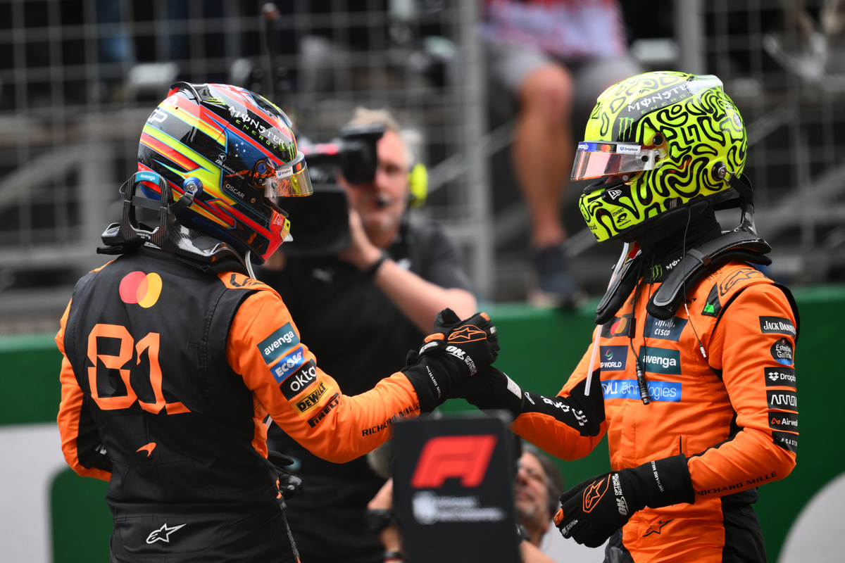 Lando Norris (right) congratulates his race-winning teammate at the 2025 Chinese Grand Prix.