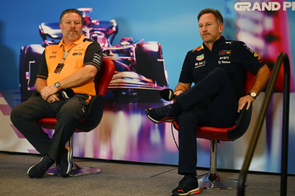 AUSTIN, TEXAS - OCTOBER 22: Red Bull Racing Team Principal Christian Horner and McLaren Chief Executive Officer Zak Brown attend the Team Principals Press Conference prior to final practice ahead of the F1 Grand Prix of USA at Circuit of The Americas on October 22, 2022 in Austin, Texas. (Photo by Clive Mason/Getty Images) // Getty Images / Red Bull Content Pool // SI202210220467 // Usage for editorial use only //