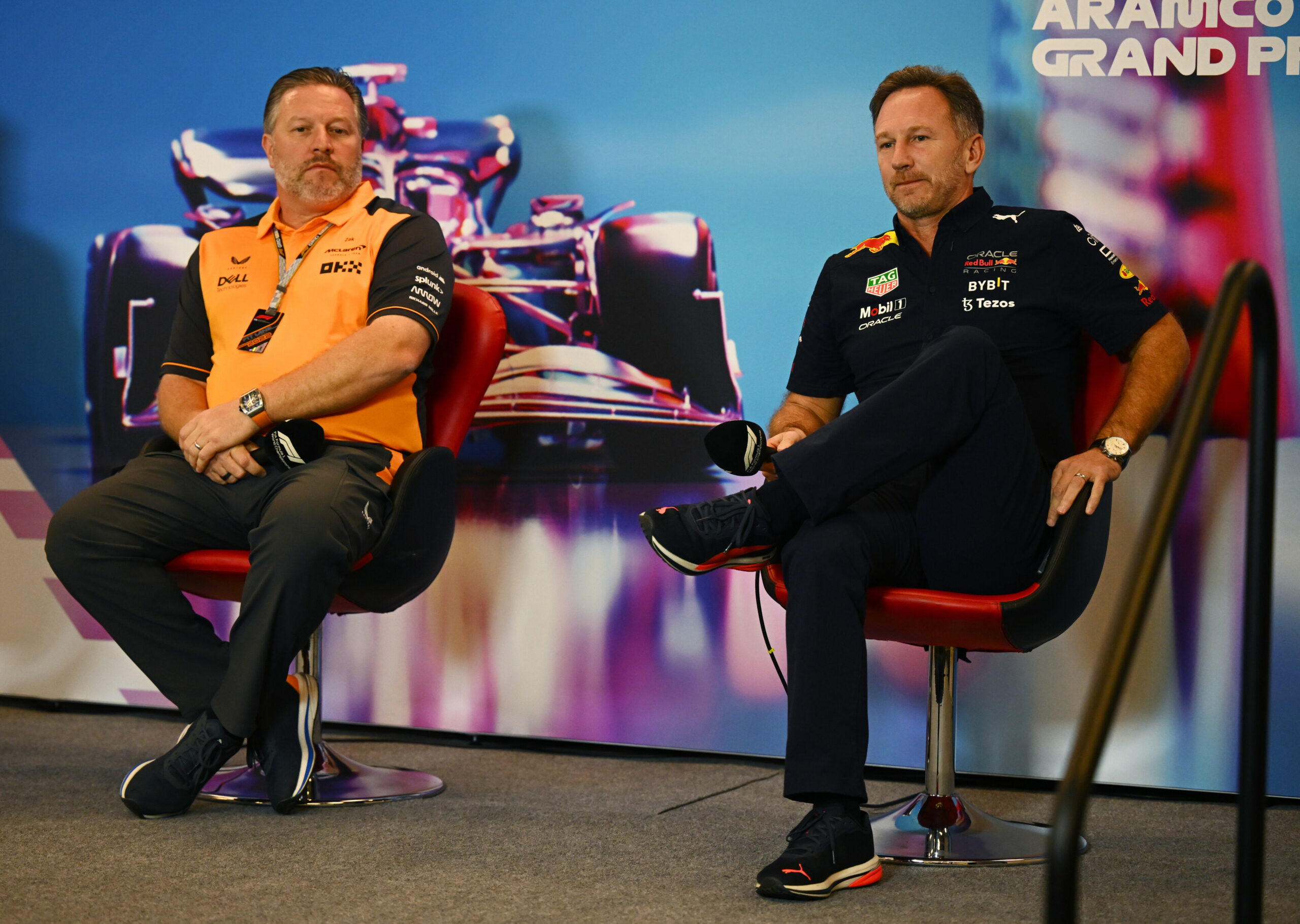 AUSTIN, TEXAS - OCTOBER 22: Red Bull Racing Team Principal Christian Horner and McLaren Chief Executive Officer Zak Brown attend the Team Principals Press Conference prior to final practice ahead of the F1 Grand Prix of USA at Circuit of The Americas on October 22, 2022 in Austin, Texas. (Photo by Clive Mason/Getty Images) // Getty Images / Red Bull Content Pool // SI202210220467 // Usage for editorial use only //