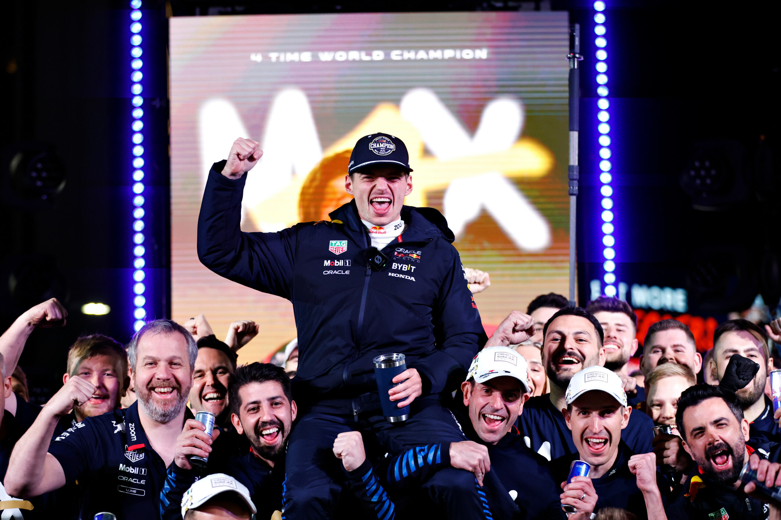 LAS VEGAS, NEVADA - NOVEMBER 23: 2024 F1 World Drivers Champion Max Verstappen of the Netherlands and Oracle Red Bull Racing celebrates with his team in the Paddock after the F1 Grand Prix of Las Vegas at Las Vegas Strip Circuit on November 23, 2024 in Las Vegas, Nevada. (Photo by Chris Graythen/Getty Images) // Getty Images / Red Bull Content Pool // SI202411240452 // Usage for editorial use only //