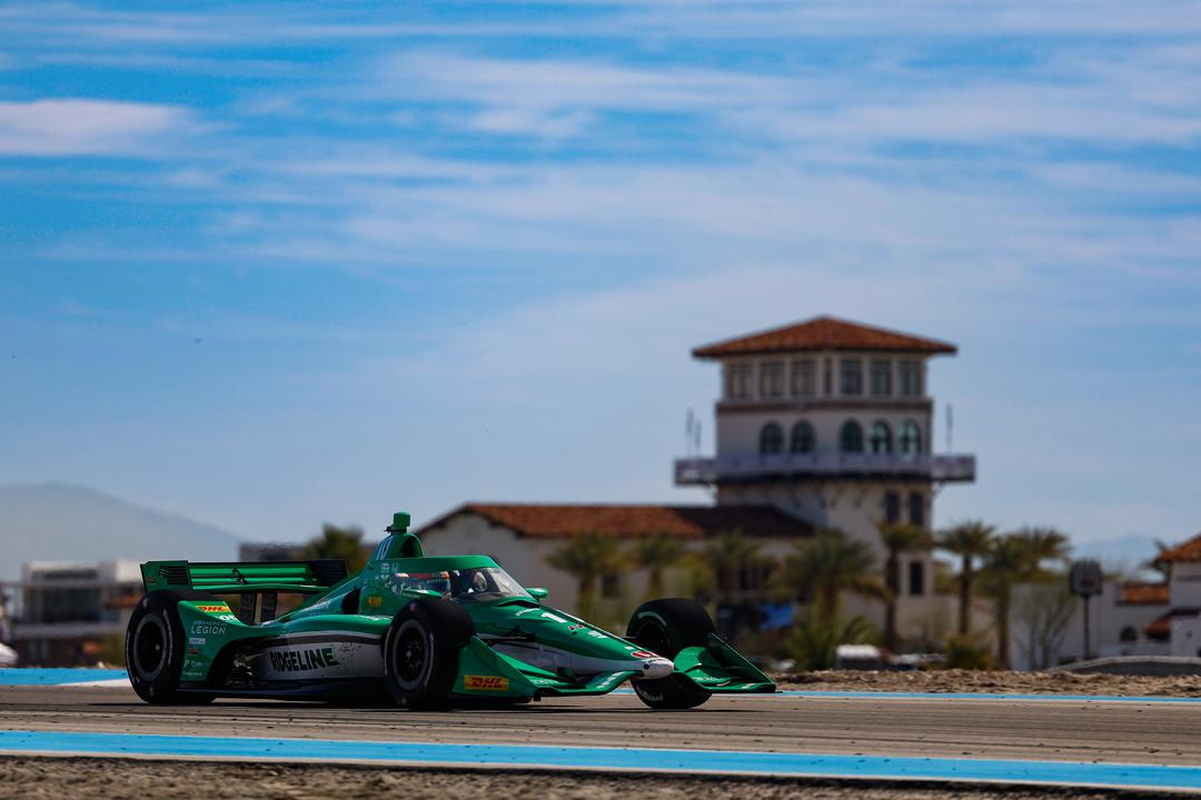 Alex Palou driving his green Chip Ganassi Racing car at The Thermal Club