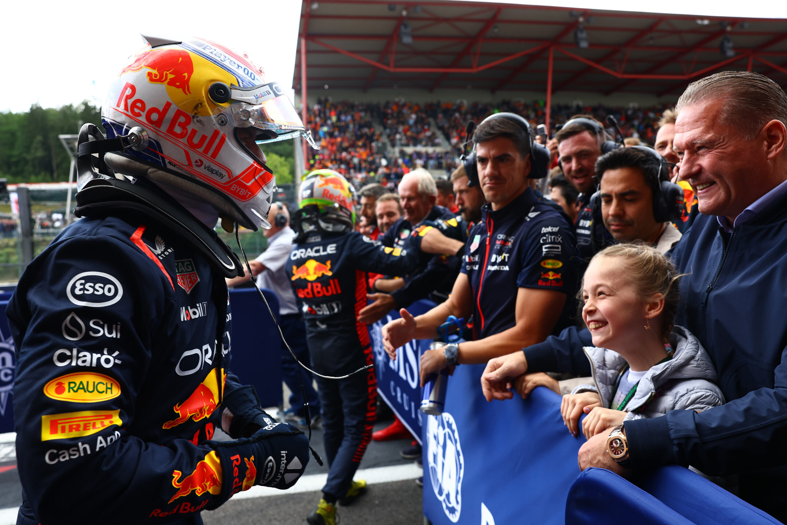 Max Verstappen after winning the Belgian Grand Prix with his dad and his sister