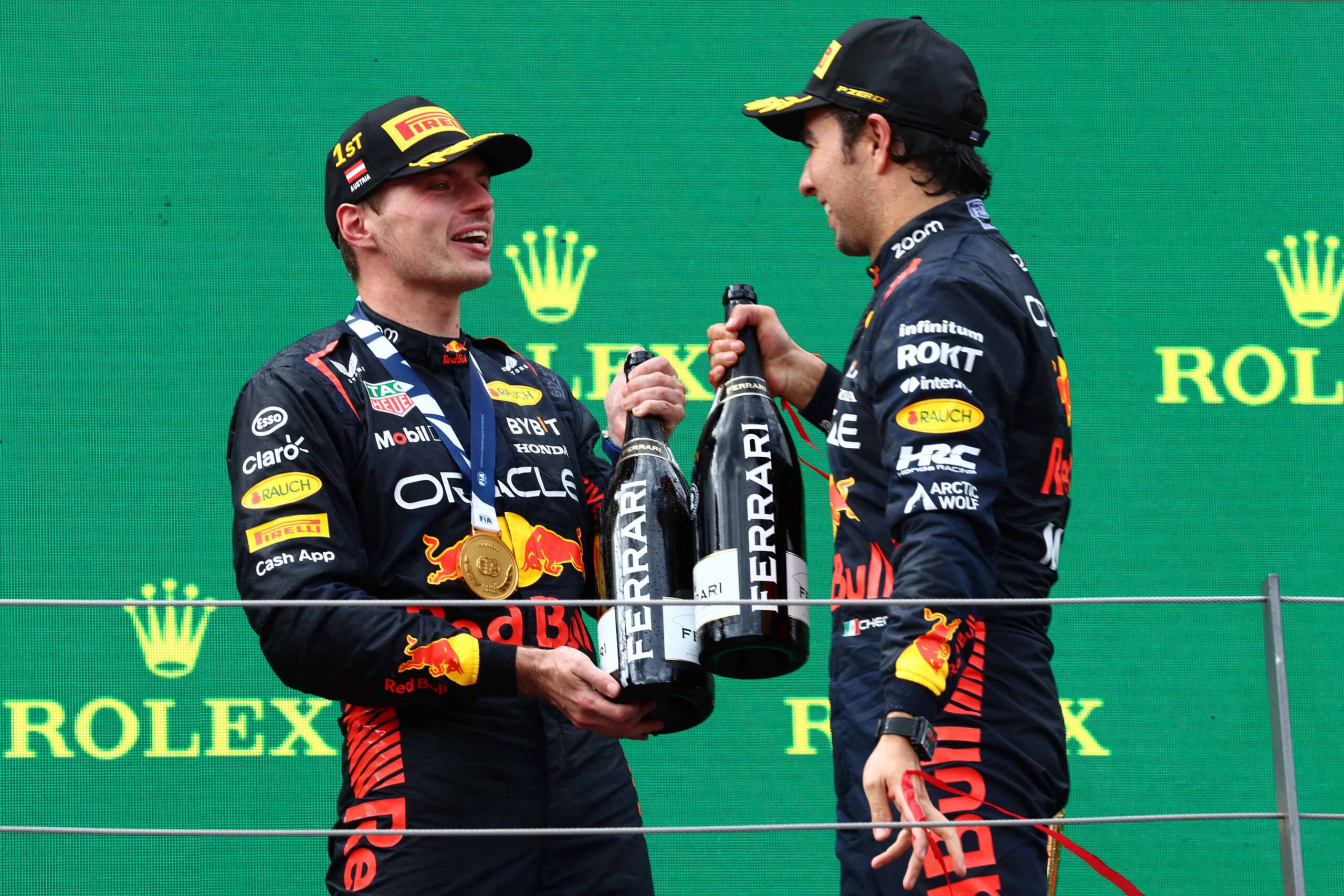 Verstappen and Perez on the podium for the 2023 Austrian Grand Prix at the Red Bull Ring 