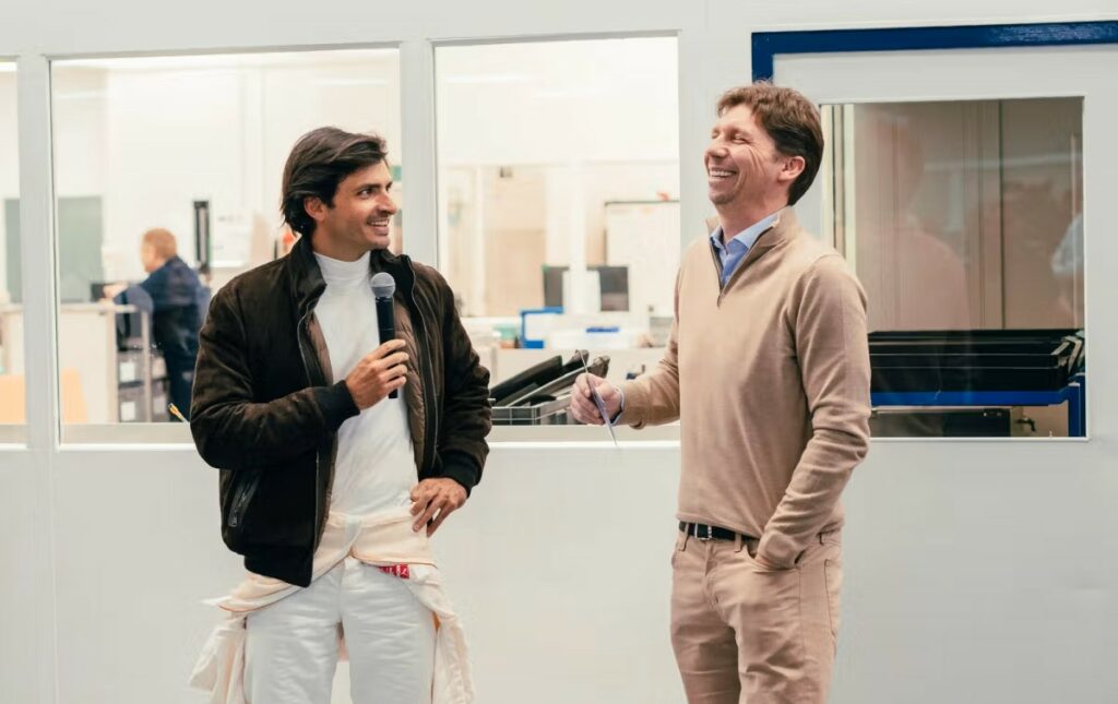 Carlos Sainz and Williams team principal James Vowles inside the Williams factory, preparing for the F1 2025 season.