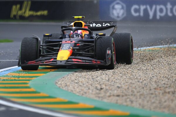 Liam Lawson with two wheels in the gravel at the Australian Grand Prix; he qualified 18th and crashed on lap 47.