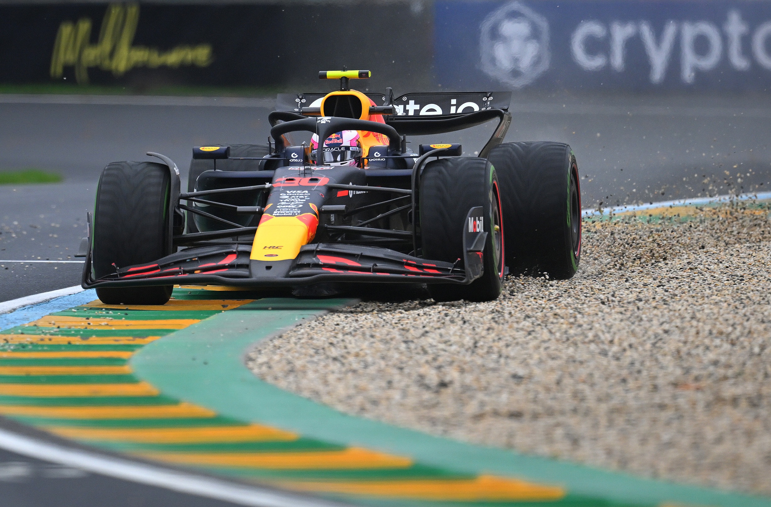 Liam Lawson with two wheels in the gravel at the Australian Grand Prix; he qualified 18th and crashed on lap 47.