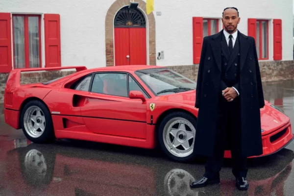 Lewis Hamilton is now a Ferrari Formula 1 driver. Here he is in front of a F40 on Monday.