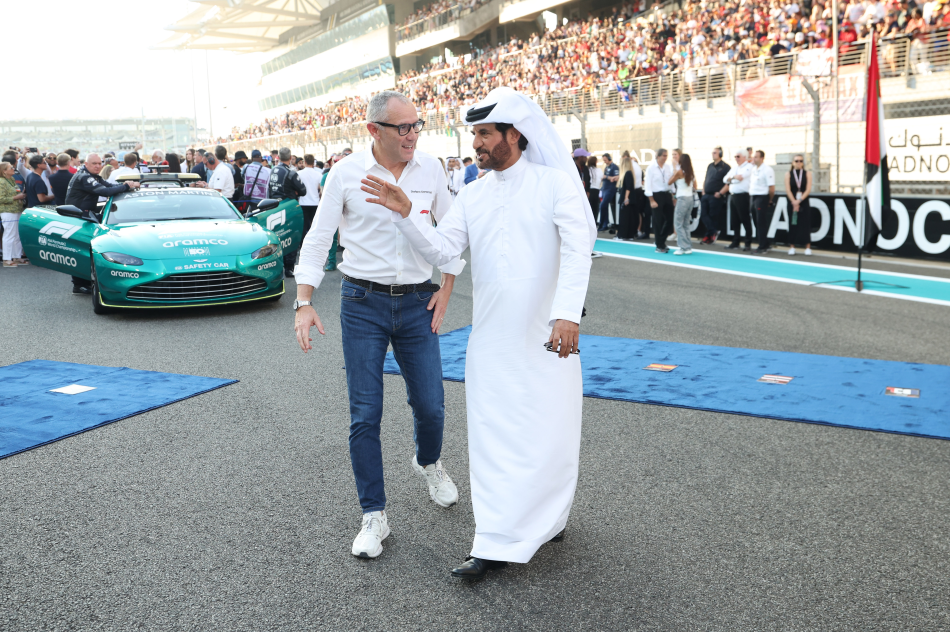 F1 President Stefano Domenicali seen talking with FIA President Mohammed Ben Sulayem
